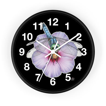 Dragonfly Hibiscus - Wall Clock — Black Background Silent 10" Clock