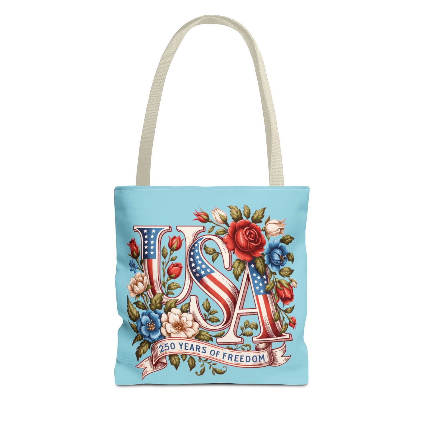Floral USA -- Happy 250th Birthday America Tote Bag — Patriotic 4th of July Celebration Tote