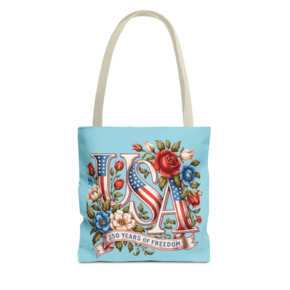 Floral USA -- Happy 250th Birthday America Tote Bag — Patriotic 4th of July Celebration Tote