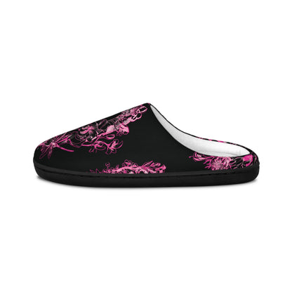 Floral Skull and Dragonfly Tattoo Art (Pink) - Black & Pink Comfy House Slippers
