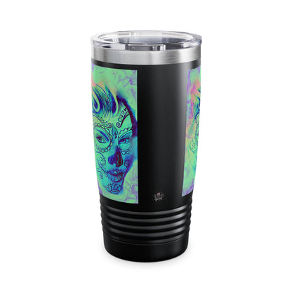 Black tumbler with colorful face design on a white background