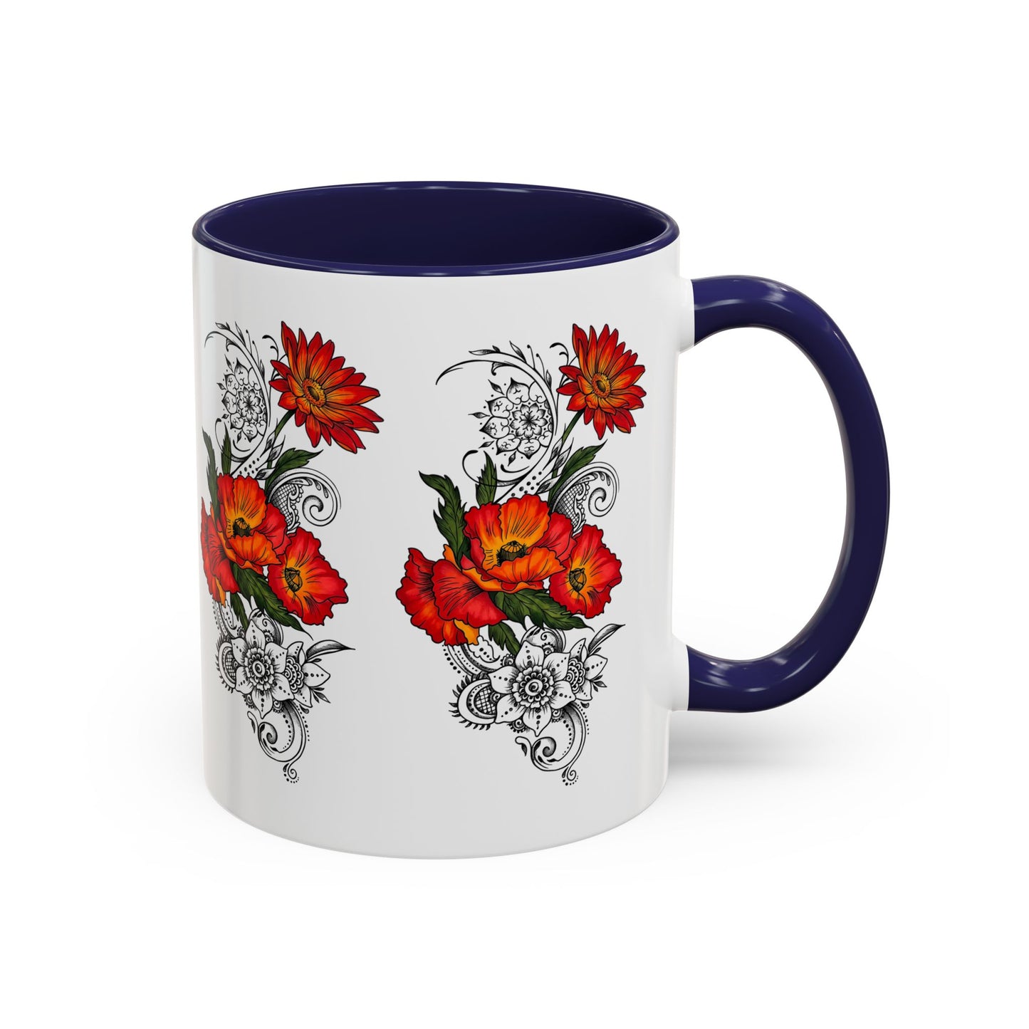 Orange & Red Poppy Flowers Original Tattoo Artwork - Coffee Mug (11oz & 15oz) Your choice of Interior & Handle choices
