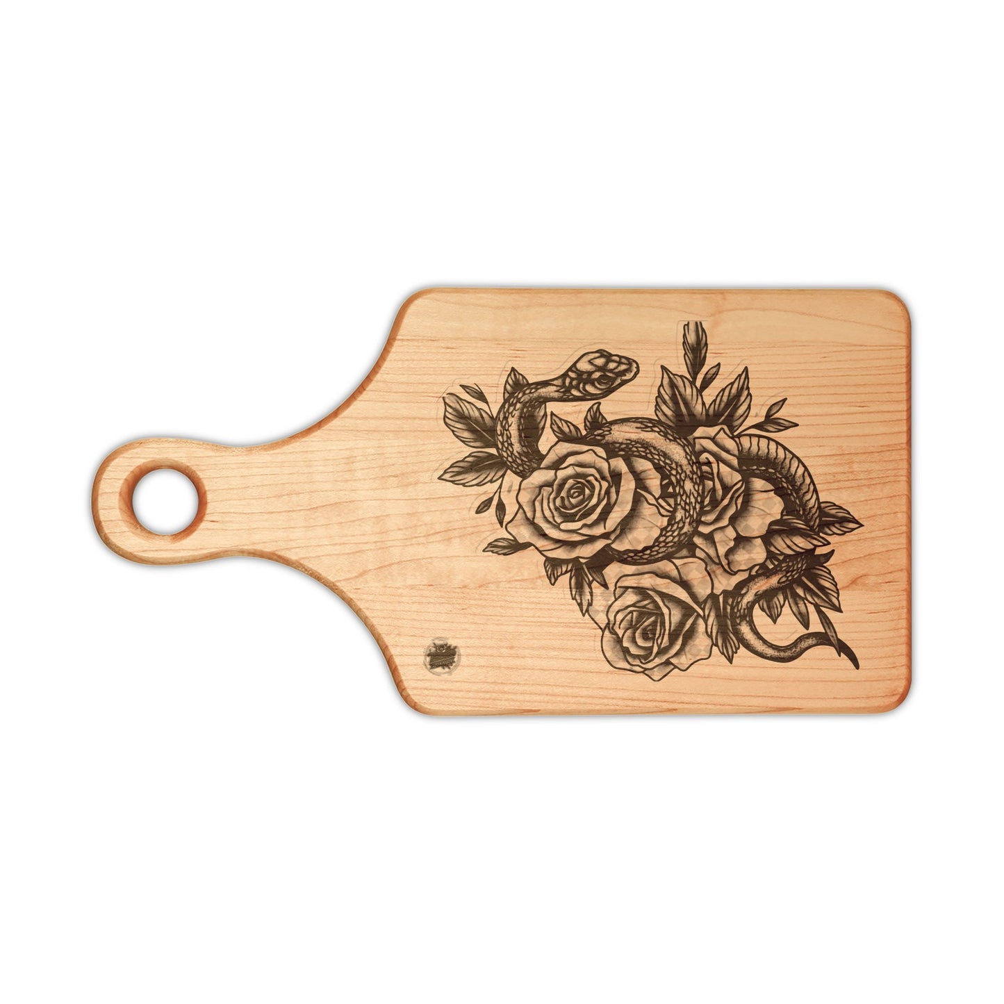 Snake & Roses Engraved Wooden Cutting Board — Decorative Paddle & Rectangular Serving Board