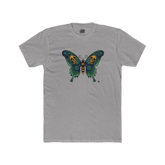 Moth & Skulls Crew Tee — Blue Graphic 'Quiet Promise' Cotton Tee