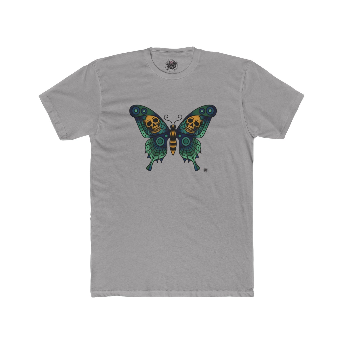 Butterfly Skulled Wings - Crew Tee — Blue Graphic 'Quiet Promise' Cotton Tee