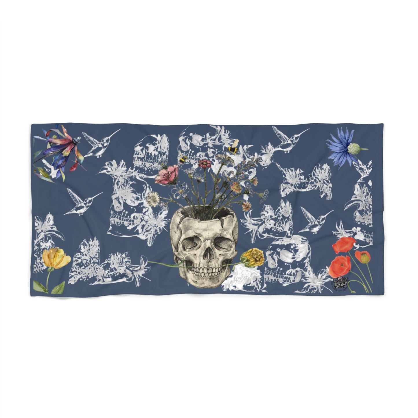 Potted Skull (hummingbird background) - Beach Towel — Botanical Skull Design (Small & Large)