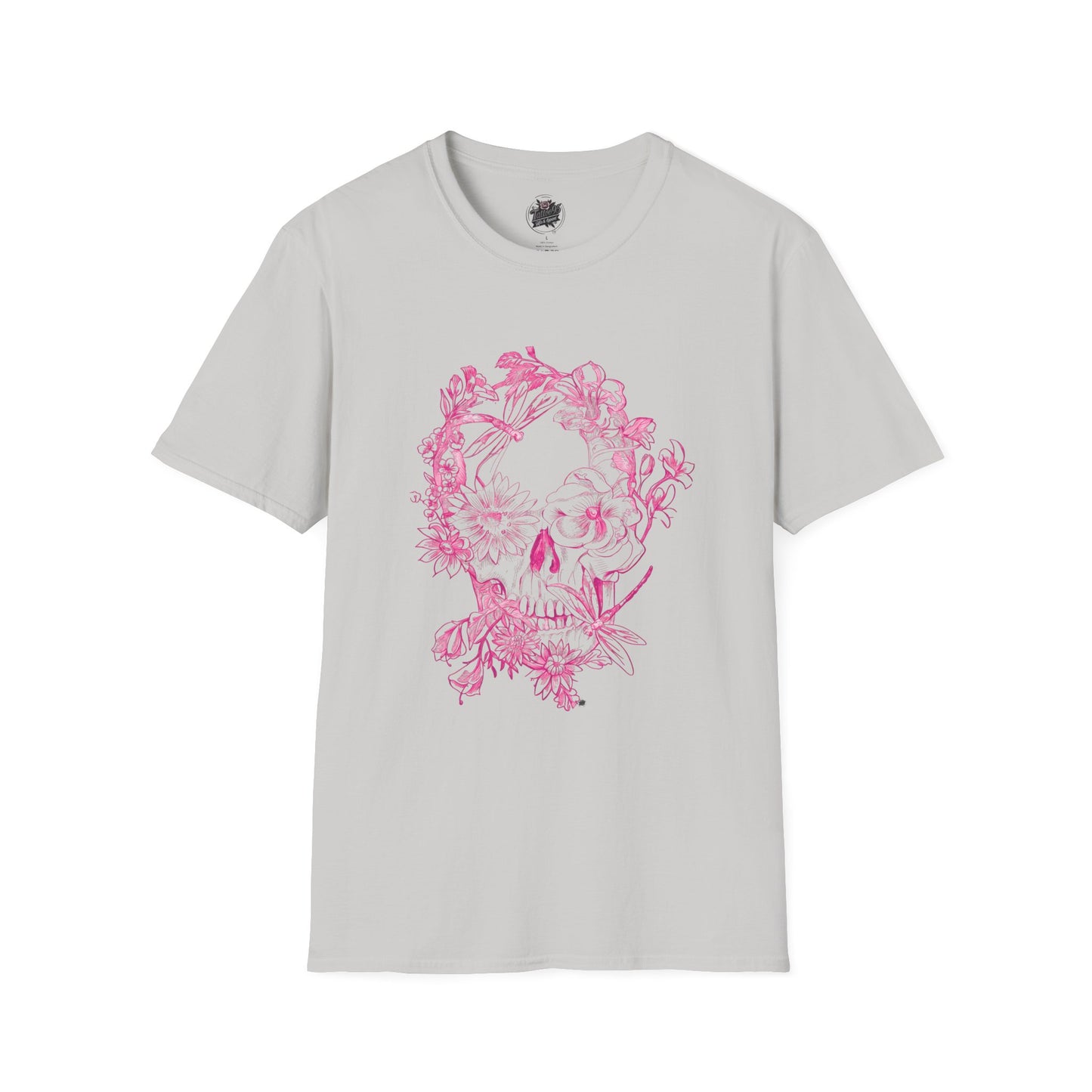 Floral Skull and Dragonfly Tattoo Art (Pink) - Unisex Softstyle T-Shirt