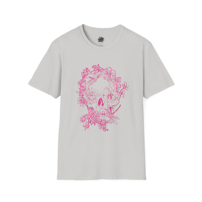 Floral Skull and Dragonfly Tattoo Art (Pink) - Unisex Softstyle T-Shirt