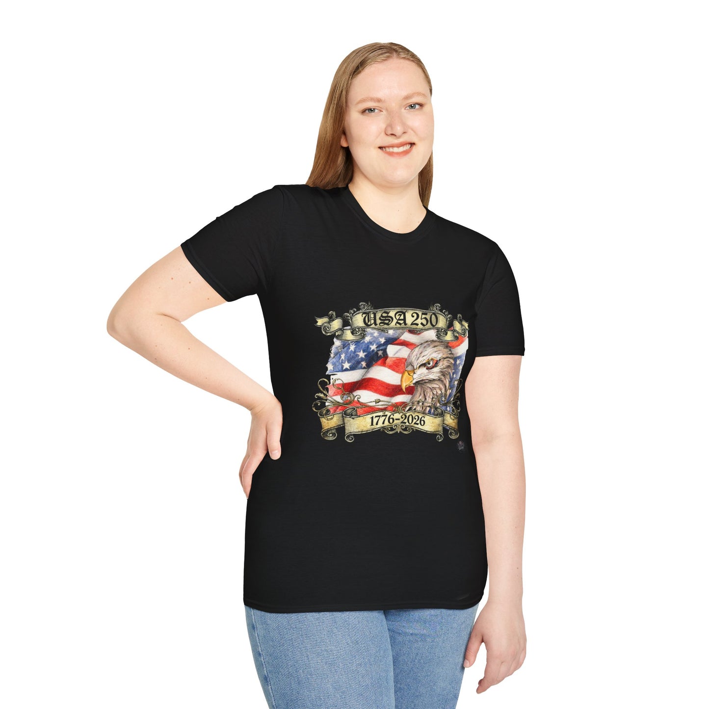 Eagle Tattoo T-Shirt with Flag & Lady Liberty – Happy 250th Birthday USA