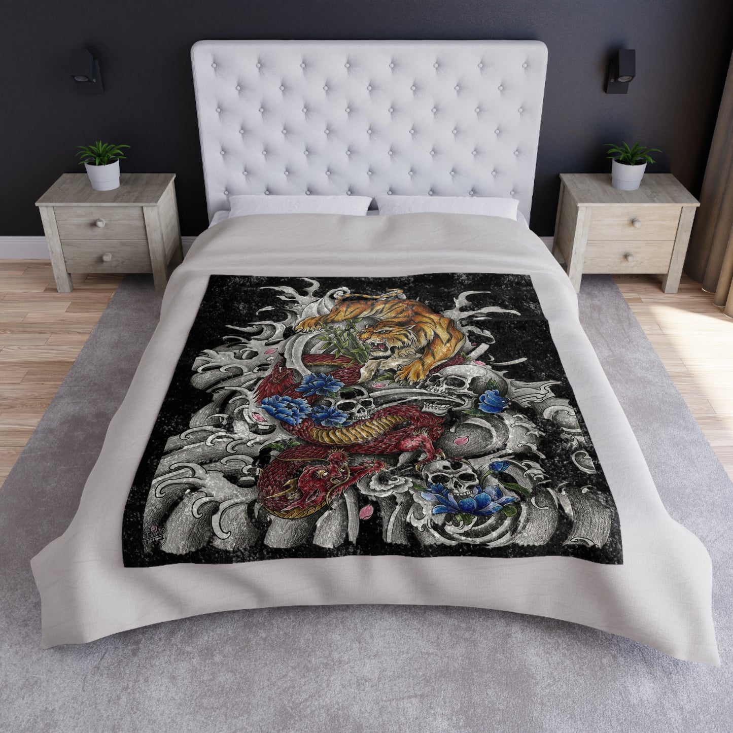 Tiger, Dragon & Skulls - Crushed Velvet Blanket (50" x 60")
