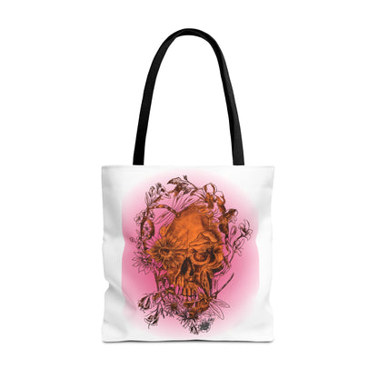 Floral Skull and Dragonfly Tattoo Art (Orange) - Tote Bag (3 Sizes)