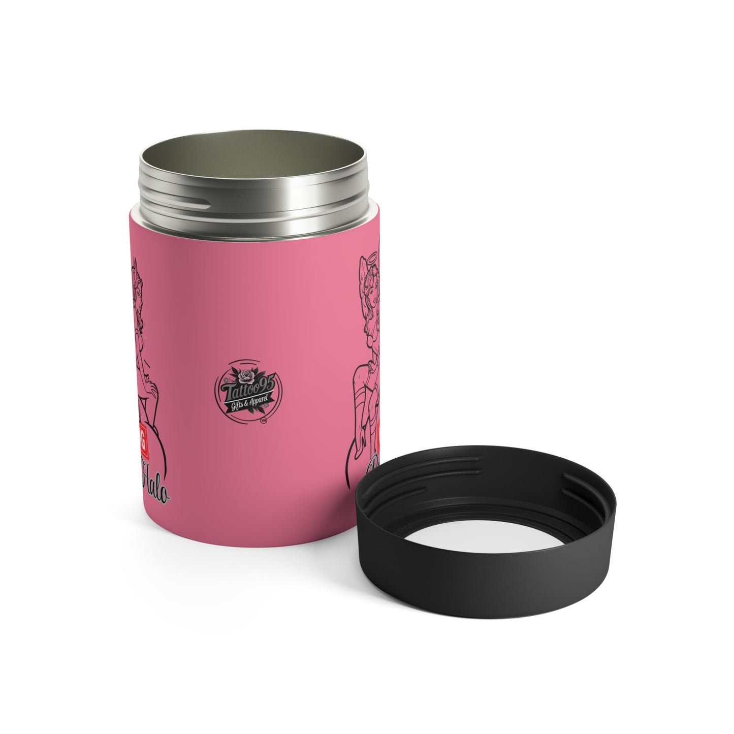 Baddies Can Holder -- "Warning: Broken Halo"— Insulated Stainless Steel 12oz Cooler