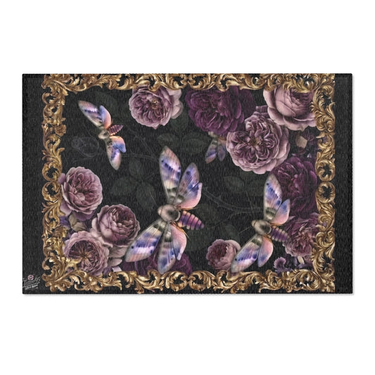 Dark Purple Moths & Roses with Gold Filigree Area Rug