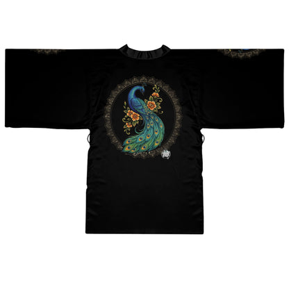 Floral Peacock Mandala - Kimono Robe — Mid‑Length Silk‑Like Wrap
