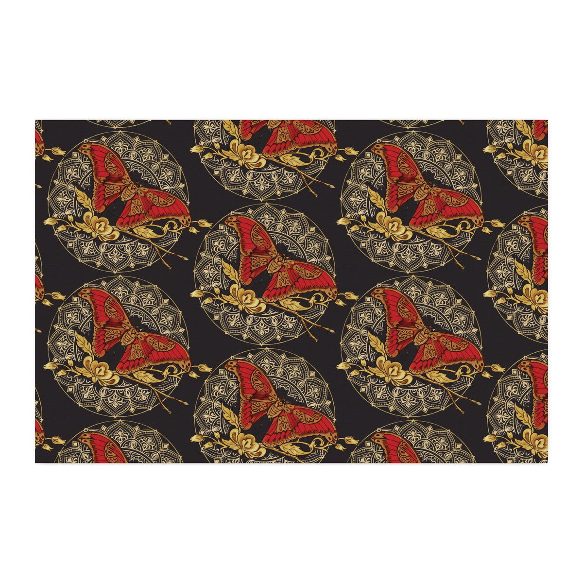 Combed Cotton Fabric - Moth - Gold Red Black