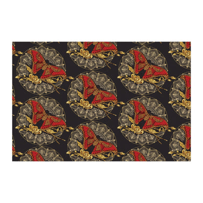 Combed Cotton Fabric - Moth - Gold Red Black