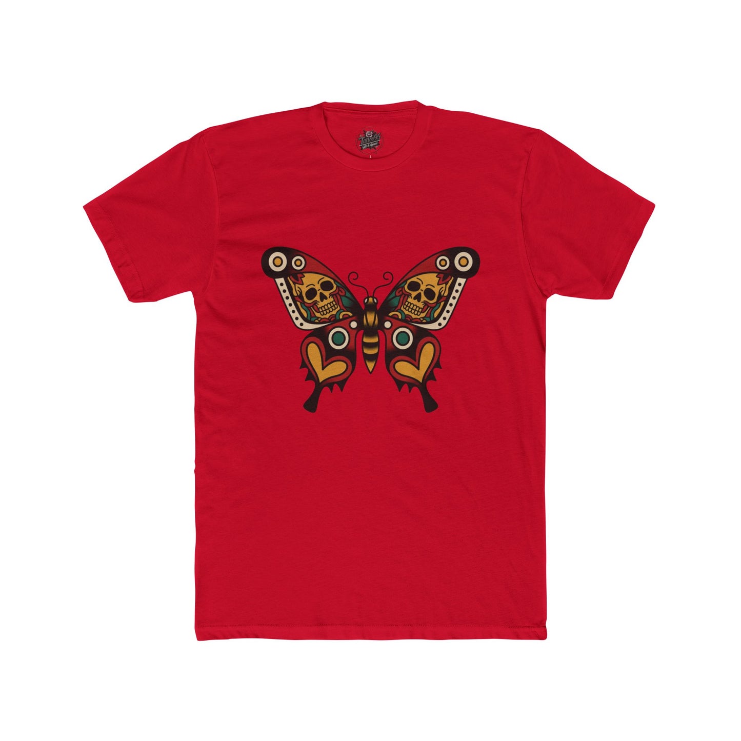 Moth & Skulls Crew Tee — Red Yellow & Green Graphic 'Quiet Promise' Cotton Tee