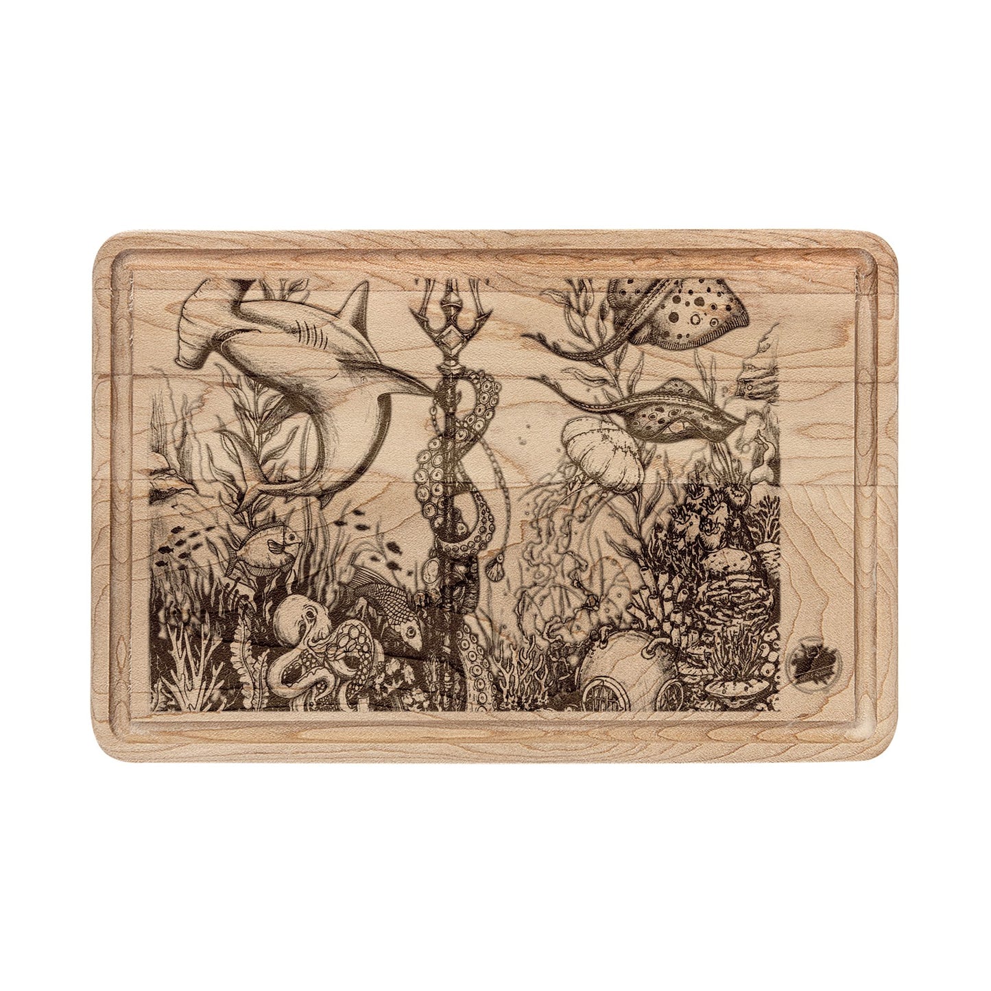 Engraved Ocean Tattoo Cutting Board — Underwater Journey Wood Paddle & Rectangular