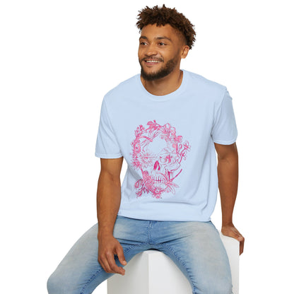 Floral Skull and Dragonfly Tattoo Art (Pink) - Unisex Softstyle T-Shirt