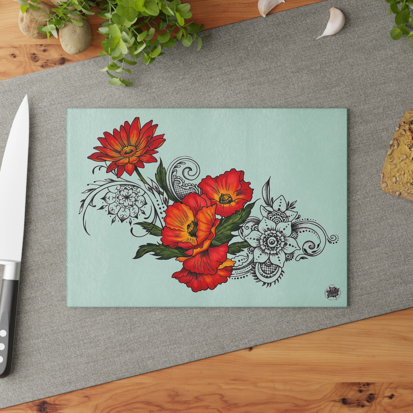 Floral Red Poppy Glass Cutting Board – Decorative Kitchen Chopping Board