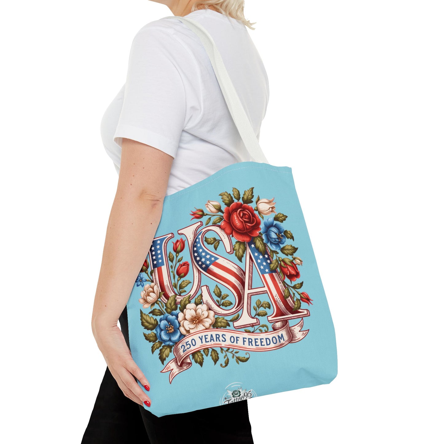 Floral USA -- Happy 250th Birthday America Tote Bag — Patriotic 4th of July Celebration Tote