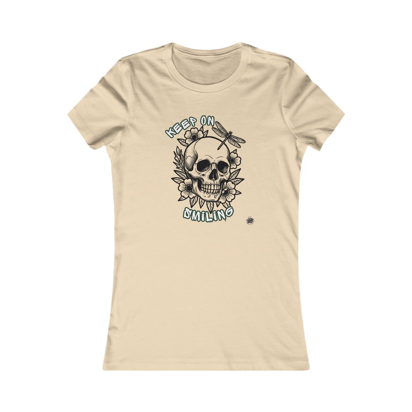 Keep On Smiling Skull & Dragonfly Tattoo Art Ladies Tee