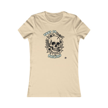 Keep On Smiling Skull & Dragonfly Tattoo Art Ladies Tee