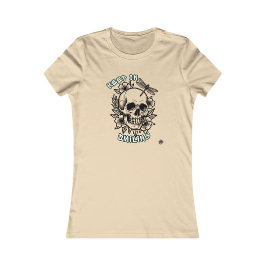 Keep On Smiling Skull & Dragonfly Tattoo Art Ladies Tee
