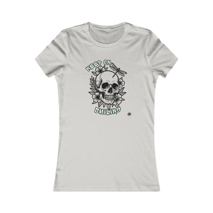 Keep On Smiling Skull & Dragonfly Tattoo Art Ladies Tee