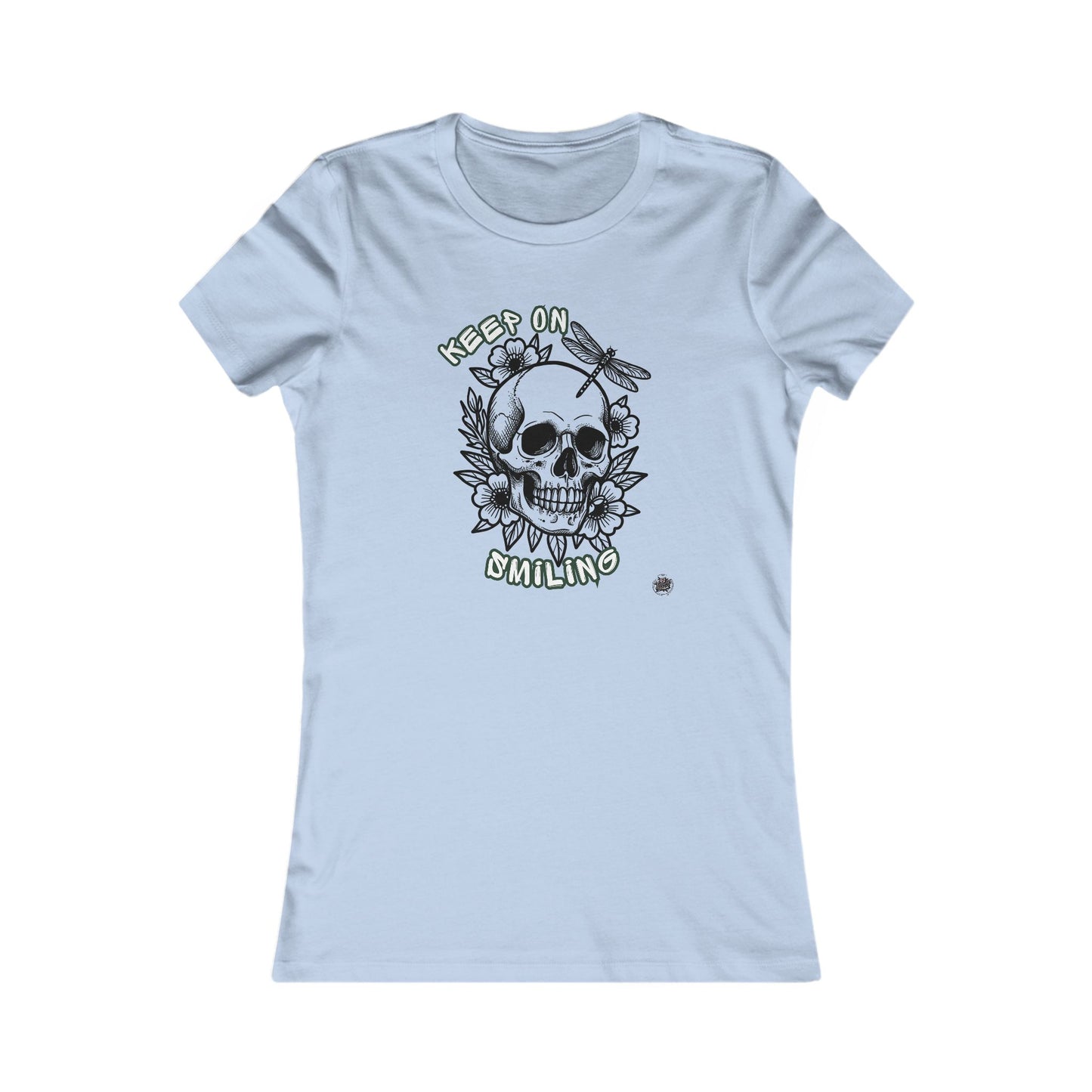 Keep On Smiling Skull & Dragonfly Tattoo Art Ladies Tee