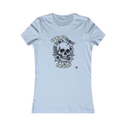Keep On Smiling Skull & Dragonfly Tattoo Art Ladies Tee
