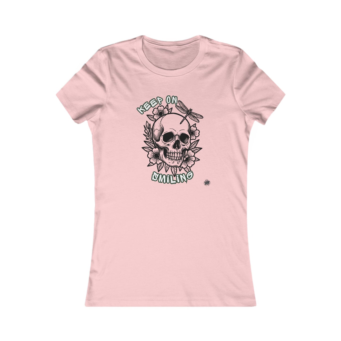 Keep On Smiling Skull & Dragonfly Tattoo Art Ladies Tee