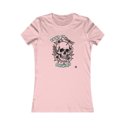 Keep On Smiling Skull & Dragonfly Tattoo Art Ladies Tee