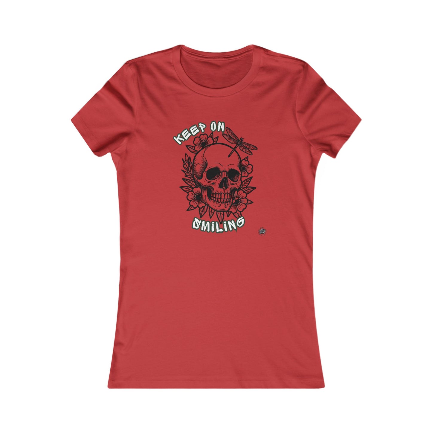 Keep On Smiling Skull & Dragonfly Tattoo Art Ladies Tee
