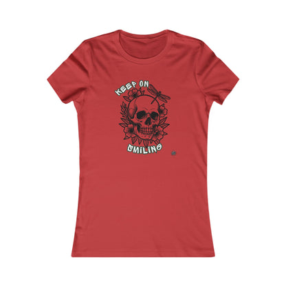 Keep On Smiling Skull & Dragonfly Tattoo Art Ladies Tee