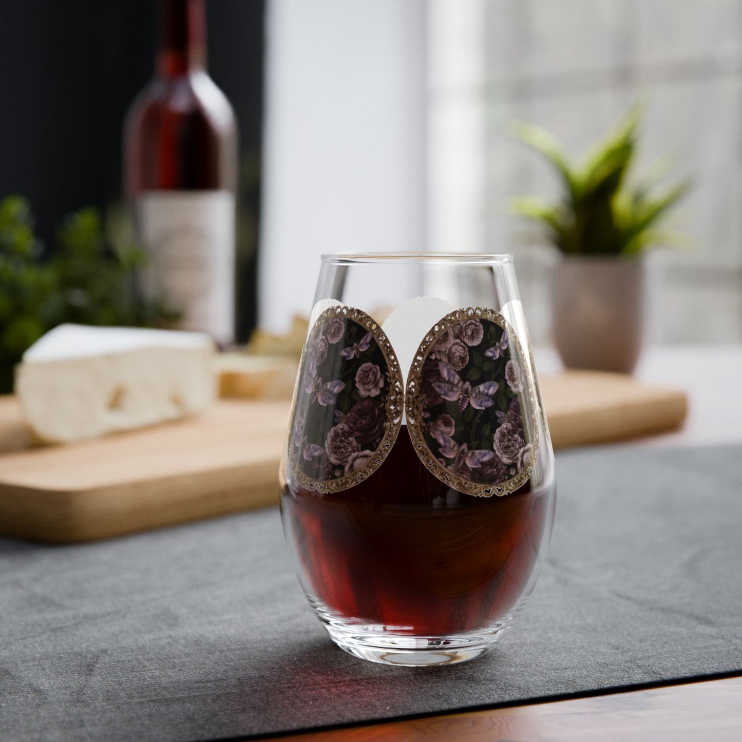 Purple Moths Vintage Floral Medallion Stemless Wine Glass — 11.75 oz