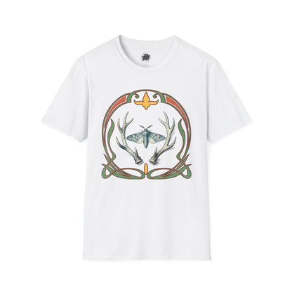Moth & Antler Tattoo Art - T-Shirt — Nature-Inspired Celtic Frame Graphic Tee