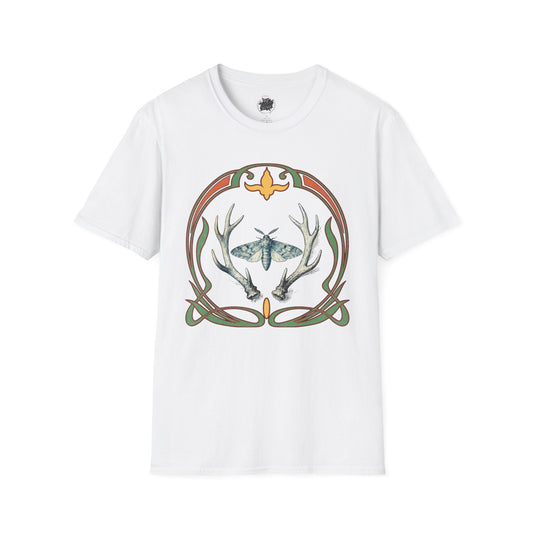 Moth & Antler Tattoo Art - T-Shirt — Nature-Inspired Celtic Frame Graphic Tee
