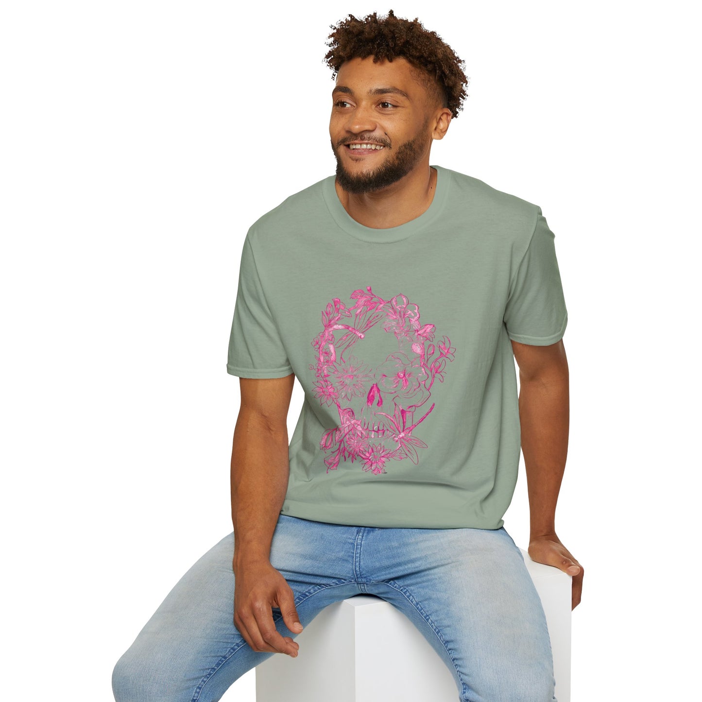 Floral Skull and Dragonfly Tattoo Art (Pink) - Unisex Softstyle T-Shirt