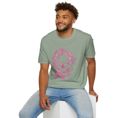 Floral Skull and Dragonfly Tattoo Art (Pink) - Unisex Softstyle T-Shirt