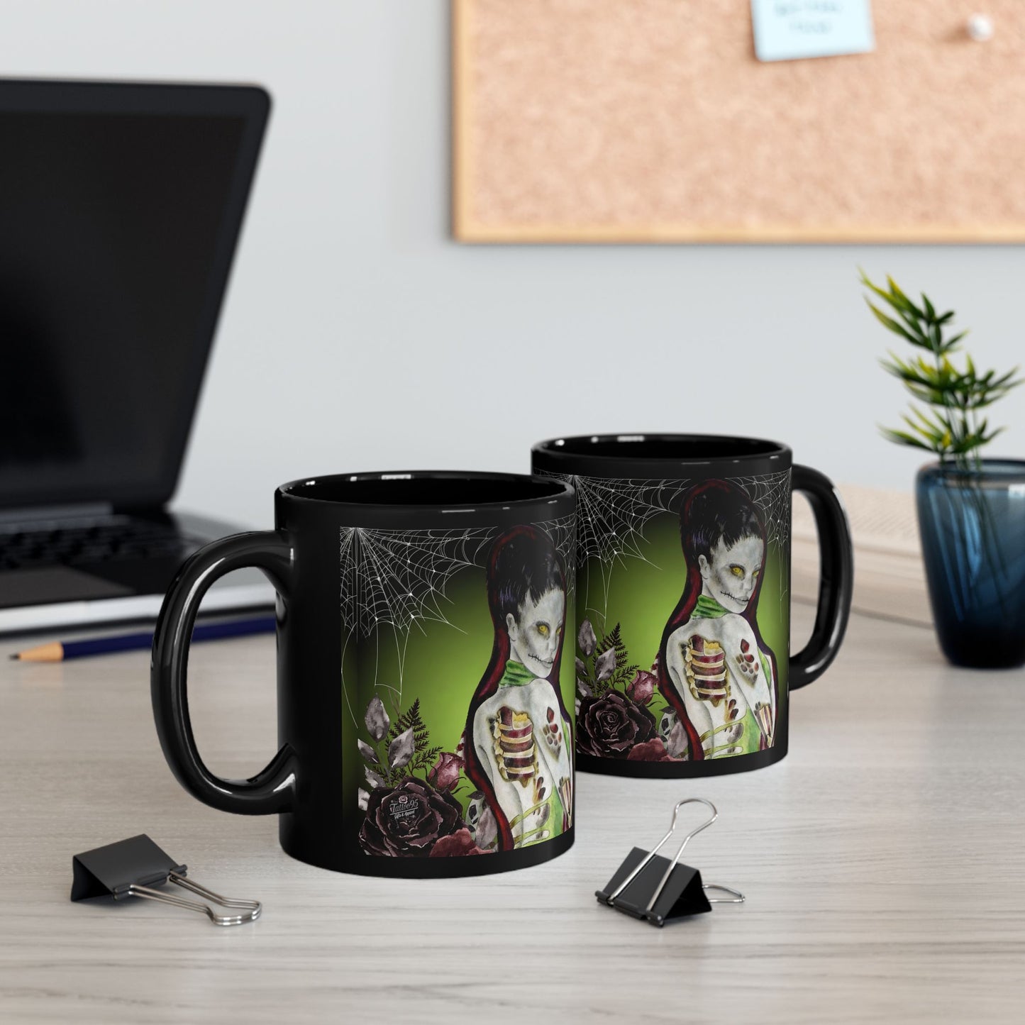 Zombie Lady Deadrah - Black Coffee Mug — Matte Tattoo Zombie Design (11oz & 15oz)