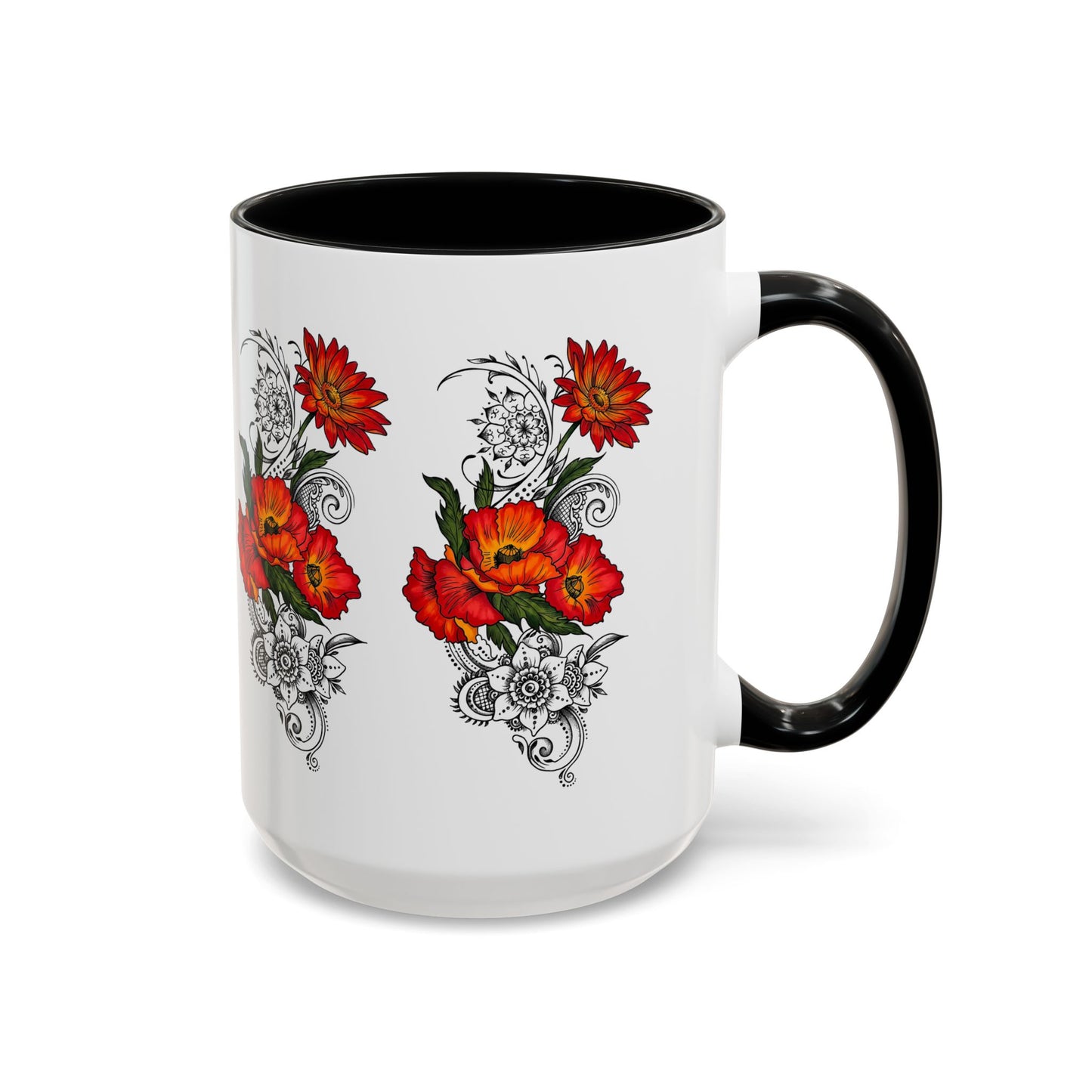 Orange & Red Poppy Flowers Original Tattoo Artwork - Coffee Mug (11oz & 15oz) Your choice of Interior & Handle choices