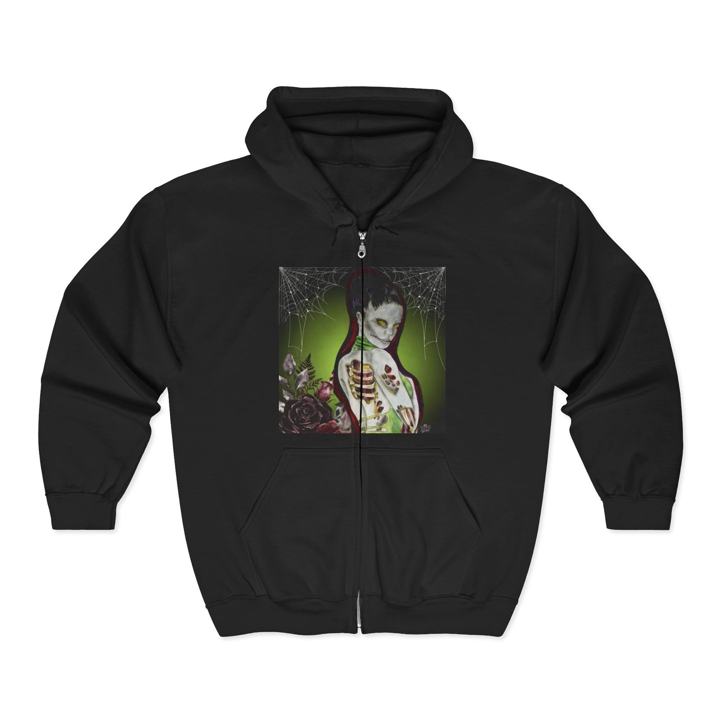 Zombie Lady Deadrah - Black Full-Zip Hoodie — Tattoo Art Heavy Blend Sweatshirt