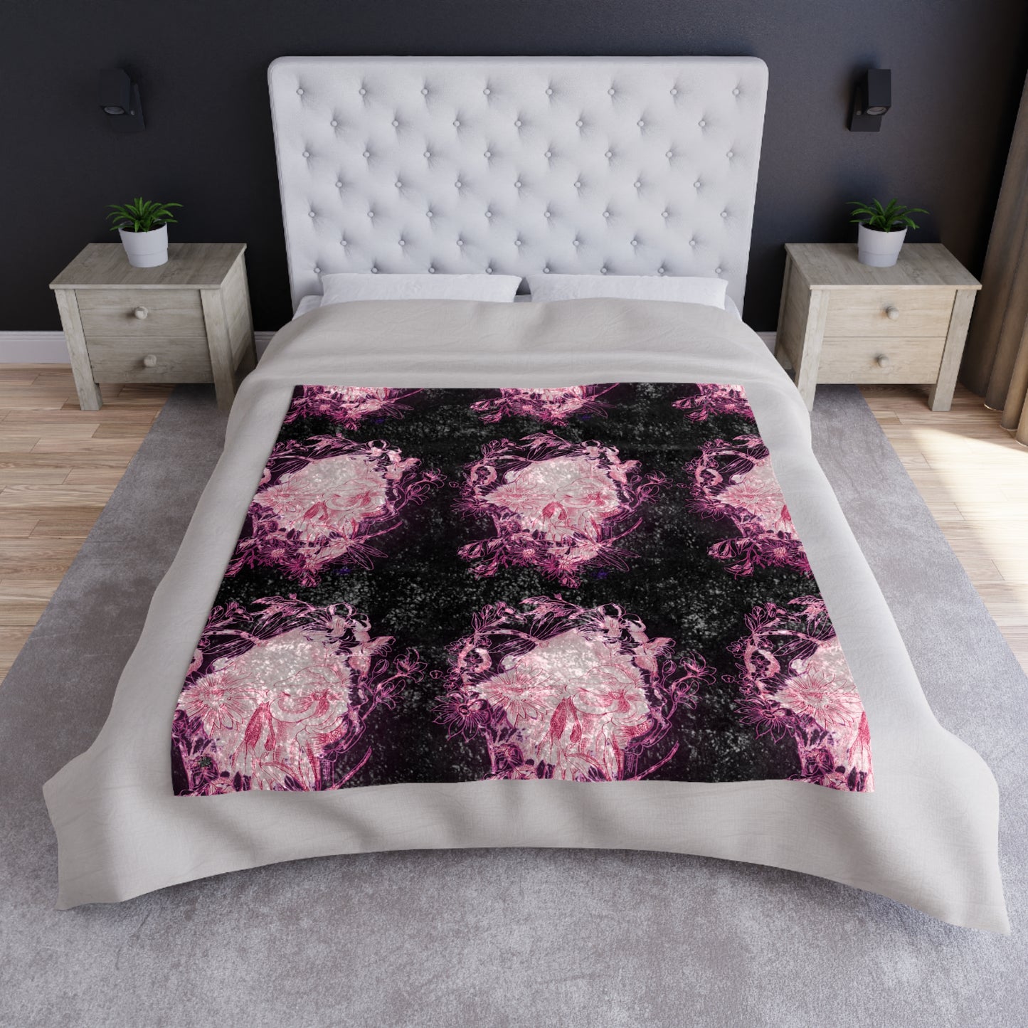 Floral Skull and Dragonfly Tattoo Art (Pink) - Crushed Velvet Blanket