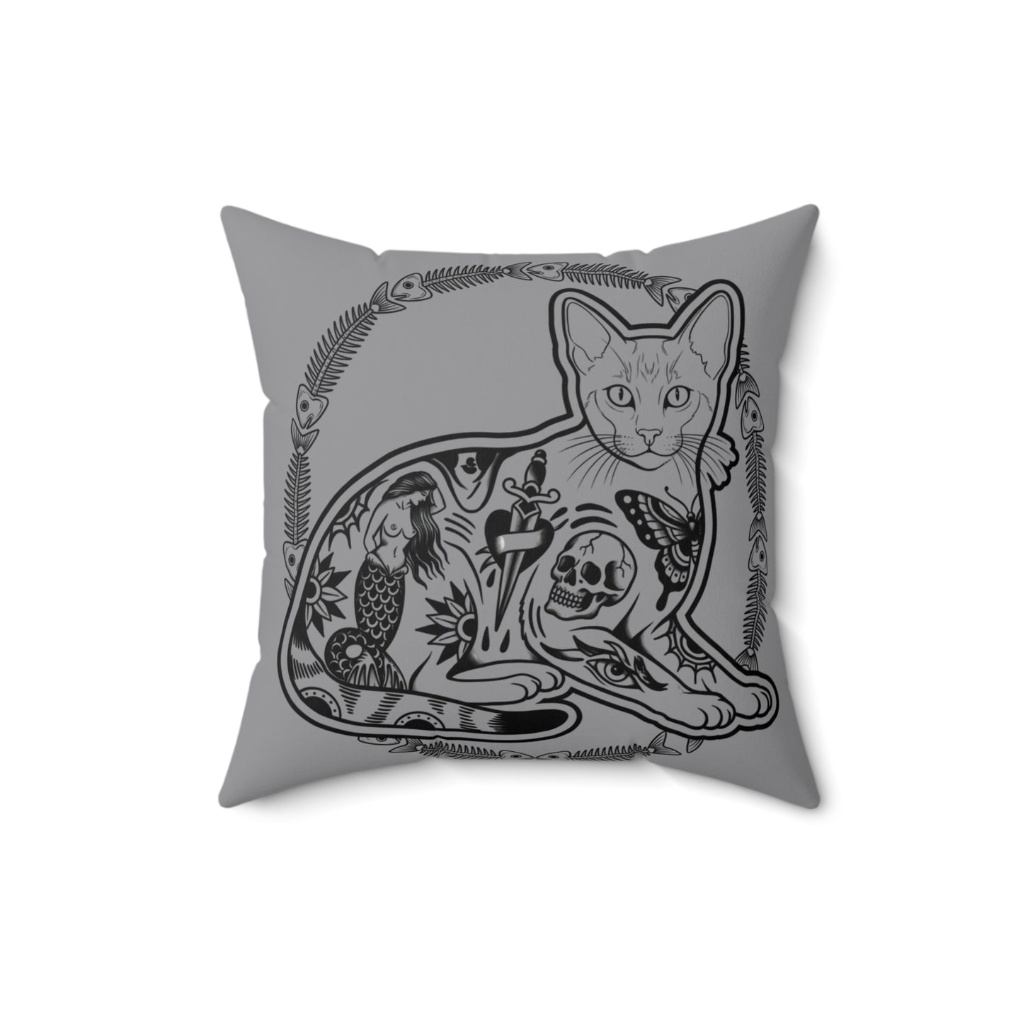 Tattooed Cat Fish Bones Circle Original Tattoo Artwork - Pillow, Home Decor, Grey Pillow