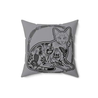Tattooed Cat Fish Bones Circle Original Tattoo Artwork - Pillow, Home Decor, Grey Pillow