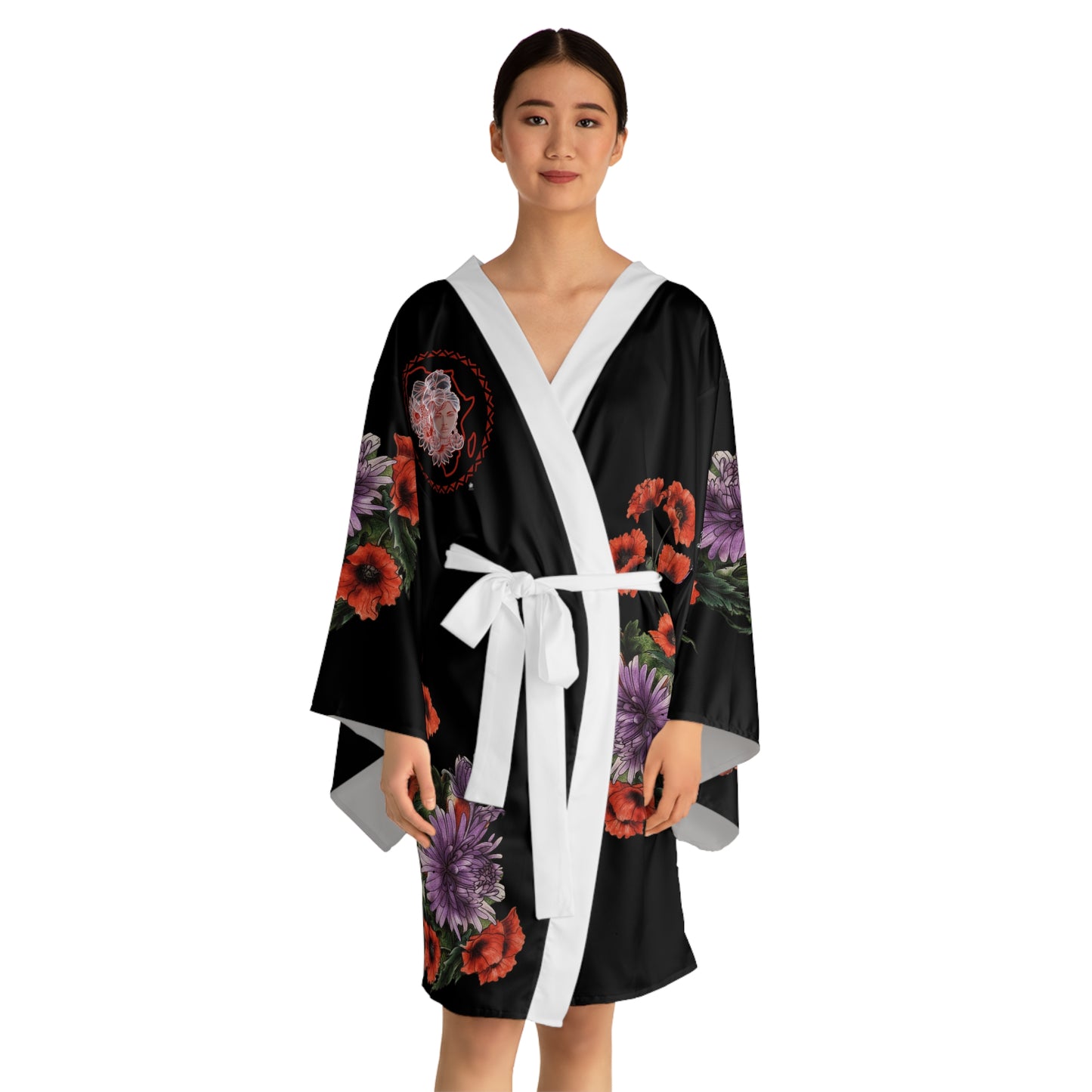Sacred Beauty with Red Poppy Purple - Kimono Robe — Silky Long-Sleeve Lounge & Party Wrap