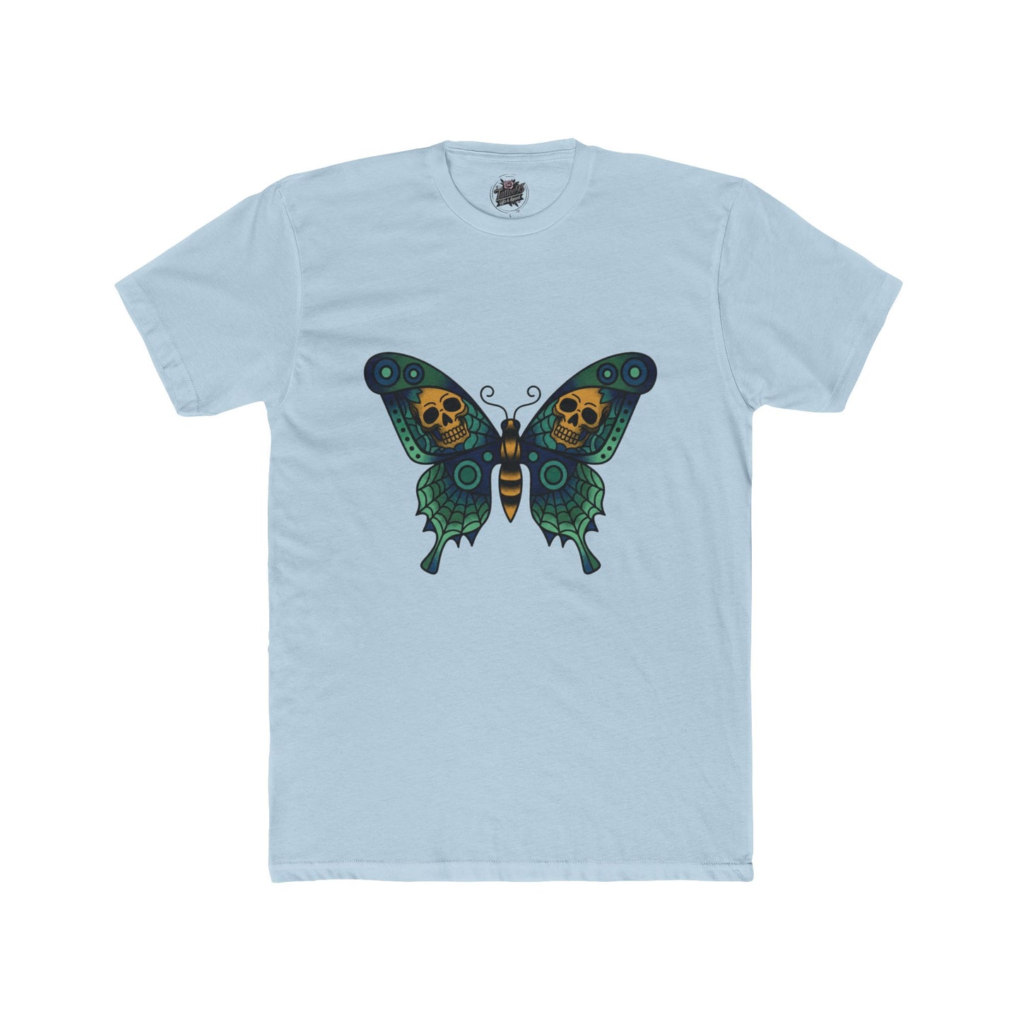 Butterfly Skulled Wings - Crew Tee — Blue Graphic 'Quiet Promise' Cotton Tee