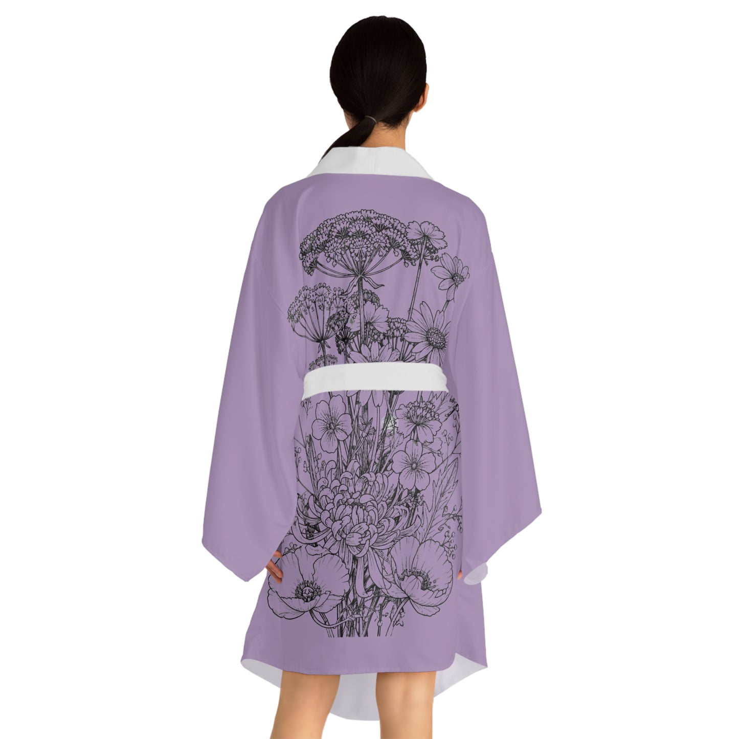 Wildflowers Tattoo Silk-Touch Mid-Length Kimono Robe — Purple