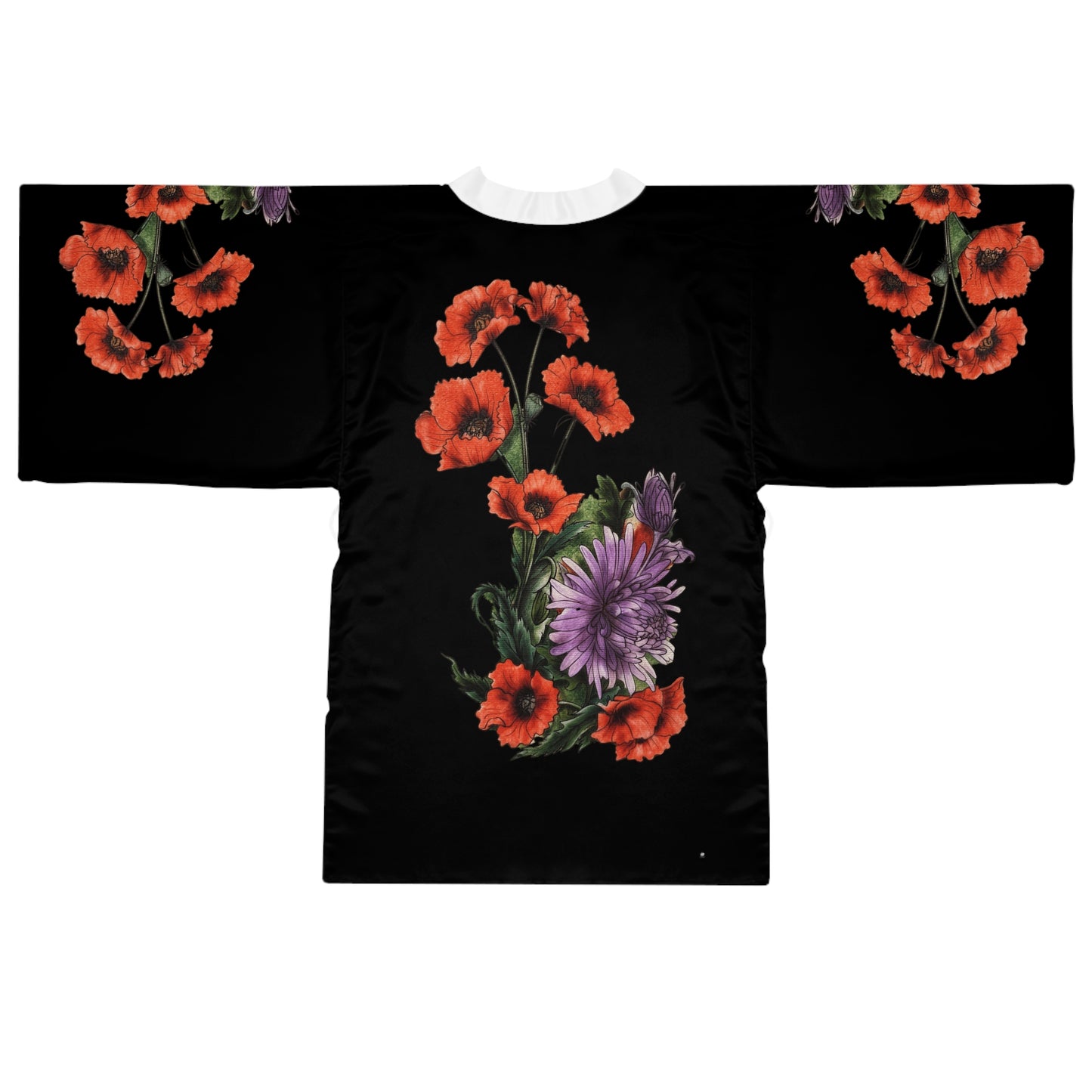 Black shirt with red floral designs on a white background